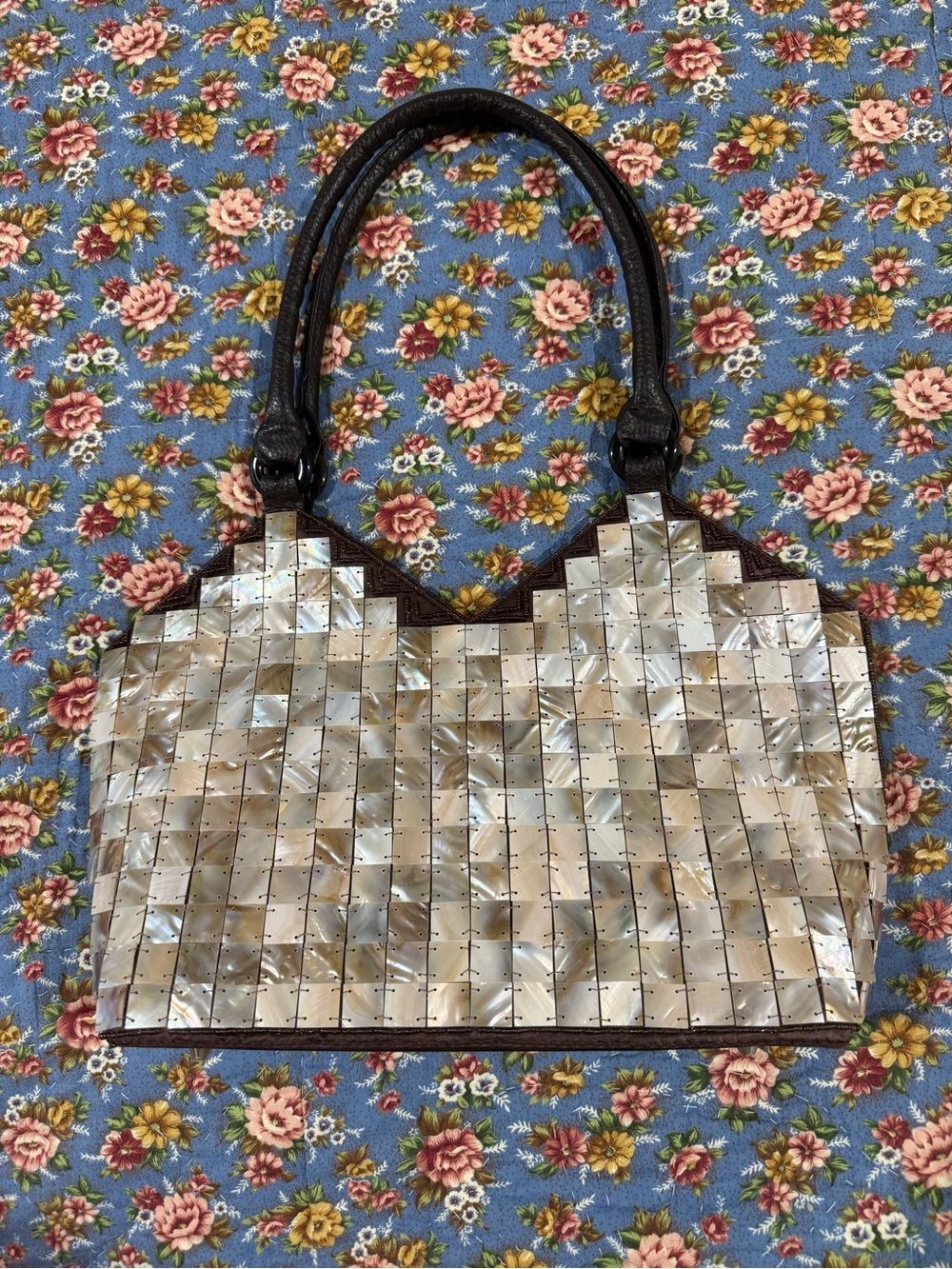 Vintage Mother of Pearl Shell Tile Shoulder Bag Mad Brown